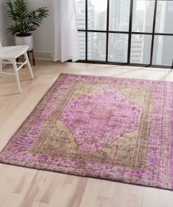 Well Woven Gila Machine Washable Vintage Bohemian Medallion Oriental Pink Flat-Weave Distressed Rug