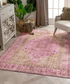 Well Woven Gila Machine Washable Vintage Bohemian Medallion Oriental Pink Flat-Weave Distressed Rug
