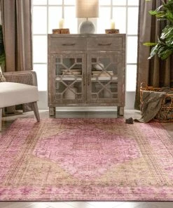 Well Woven Gila Machine Washable Vintage Bohemian Medallion Oriental Pink Flat-Weave Distressed Rug