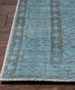 Well Woven Ardin Light Blue Overdyed Floral Botanical Border Pattern One-of-a-Kind Handmade Wool Area Rug 5'6