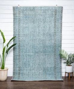Well Woven Ardin Light Blue Overdyed Floral Botanical Border Pattern One-of-a-Kind Handmade Wool Area Rug 5'6" X 9'
