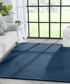 Well Woven Crest Modern Glam Faux Fur Plush Dark Blue Shag Rug