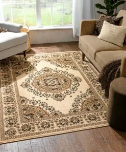 Well Woven Oriental & Persian Malika Traditional Medallion Persian Floral Ivory Rug