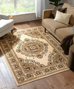 Well Woven Oriental & Persian Malika Traditional Medallion Persian Floral Ivory Rug