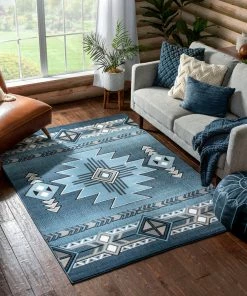 Well Woven Global Dakota Tribal Aztec Southwestern Blue Rug