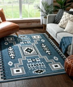 Well Woven Global Cheyenne Tribal Geometric Medallion Blue Rug