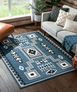Well Woven Global Cheyenne Tribal Geometric Medallion Blue Rug