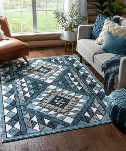 Well Woven Enola Tribal Geometric Trellis Blue Rug