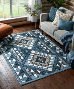 Well Woven Enola Tribal Geometric Trellis Blue Rug