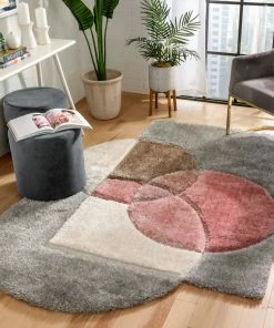 Well Woven Gia Modern Geometric Shag Grey Blush 3D Textured Thick & Soft Shag Rug