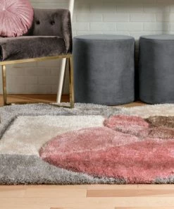 Well Woven Gia Modern Geometric Shag Grey Blush 3D Textured Thick & Soft Shag Rug