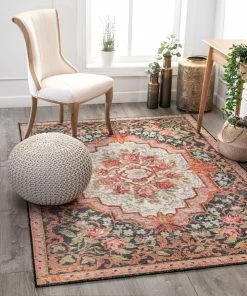 Well Woven Lateren Eclectic Floral Black-Blush Machine Washable Rug By Chill Rugs 7'7" X 9'6" Vintage