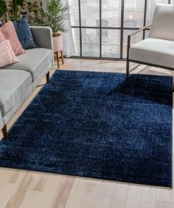 Well Woven Chroma Glam Solid Ultra Soft Indigo Blue Multi-Textured Shimmer Pile Shag Rug