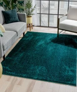 Well Woven Chroma Glam Solid Ultra Soft Teal Multi-Textured Shimmer Pile Shag Rug