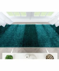 Well Woven Chroma Glam Solid Ultra Soft Teal Multi-Textured Shimmer Pile Shag Rug