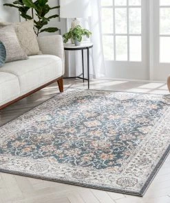 Well Woven Corona Vintage Eclectic Floral Botanical Border Blue Rug