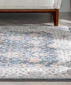 Well Woven Corona Vintage Eclectic Floral Botanical Border Blue Rug