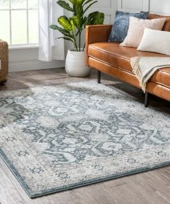 Well Woven Global Salida Vintage Oriental Botanical Border Blue Rug