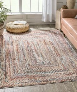Well Woven Global Chindi Bohemian Vintage Solid & Striped Multi-Color Blush Light Blue Braided Pattern Rug