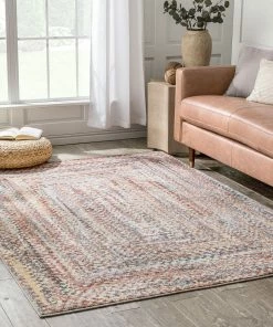 Well Woven Global Chindi Bohemian Vintage Solid & Striped Multi-Color Blush Light Blue Braided Pattern Rug