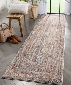 Well Woven Global Chindi Bohemian Vintage Solid & Striped Multi-Color Blush Light Blue Braided Pattern Rug