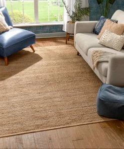 Well Woven Jute + Natural Laylani Farmhouse Jute Rug Hand-Braided Basket Weave Jute Rug Solid Pattern Natural/Gray Color