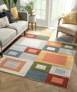 Well Woven Tango Mid-Century Modern Geometric Squares Multi Distressed High-Low Rug