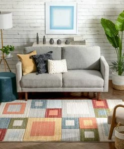 Well Woven Tango Mid-Century Modern Geometric Squares Multi Distressed High-Low Rug