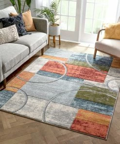 Well Woven Jive Modern Abstract Geometric Arcs & Shapes Multi Distressed High-Low Rug