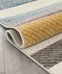 Well Woven Savoy Contemporary Geometric Stripes Gold Blue Distressed High-Low Rug