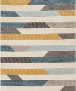 Well Woven Savoy Contemporary Geometric Stripes Gold Blue Distressed High-Low Rug