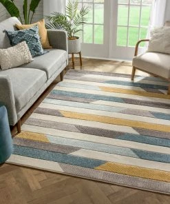 Well Woven Savoy Contemporary Geometric Stripes Gold Blue Distressed High-Low Rug