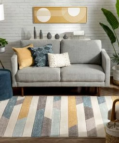 Well Woven Savoy Contemporary Geometric Stripes Gold Blue Distressed High-Low Rug