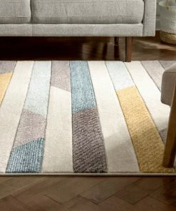 Well Woven Savoy Contemporary Geometric Stripes Gold Blue Distressed High-Low Rug