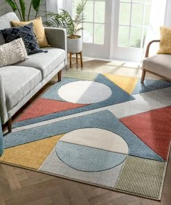 Well Woven Glimmer Mid-Century Modern Geometric Pattern Multi Distressed High-Low Rug