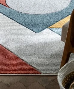 Well Woven Glimmer Mid-Century Modern Geometric Pattern Multi Distressed High-Low Rug