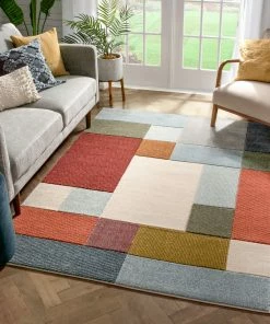 Well Woven Addy Mid-Century Modern Geometric Squares Multi Distressed High-Low Rug