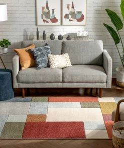 Well Woven Addy Mid-Century Modern Geometric Squares Multi Distressed High-Low Rug