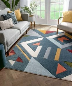 Well Woven Twist Mid-Century Modern Geometric Pattern Multi Distressed High-Low Rug
