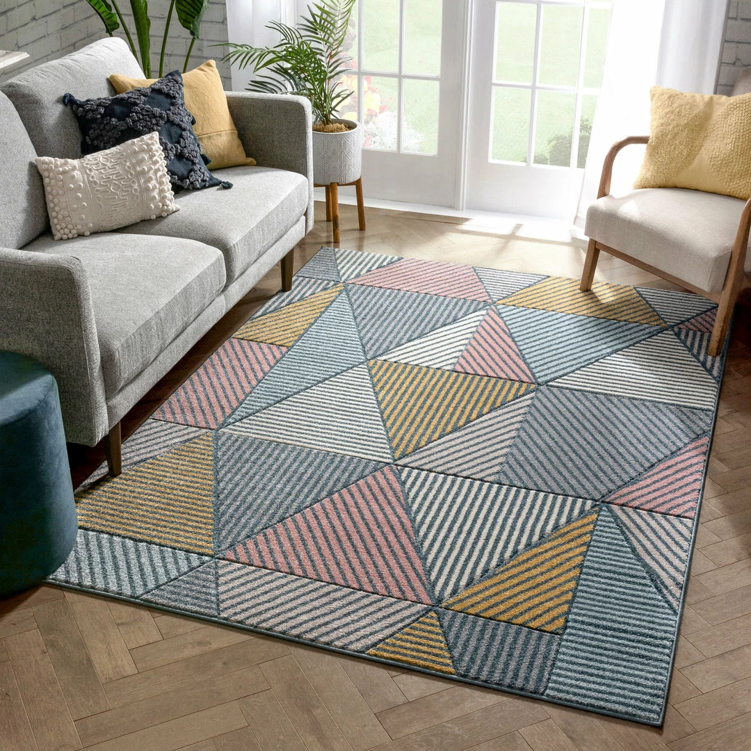 Well Woven Lela Mid-Century Modern Geometric Traingle & Lines Multi Distressed High-Low Rug 2 Well Woven Lela Mid-Century Modern Geometric Traingle & Lines Multi Distressed High-Low Rug