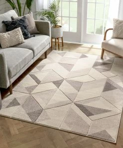 Well Woven Otto Modern Geometric Boxes & Triangles Beige Distressed High-Low Rug