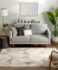 Well Woven Otto Modern Geometric Boxes & Triangles Beige Distressed High-Low Rug