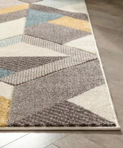 Well Woven Otto Modern Geometric Boxes & Triangles Gold Blue Distressed High-Low Rug