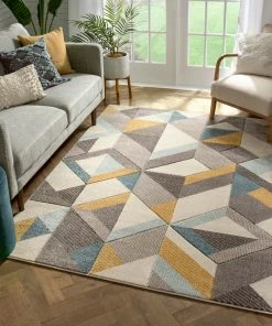 Well Woven Otto Modern Geometric Boxes & Triangles Gold Blue Distressed High-Low Rug