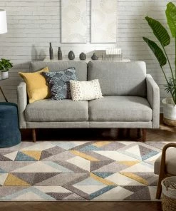 Well Woven Otto Modern Geometric Boxes & Triangles Gold Blue Distressed High-Low Rug