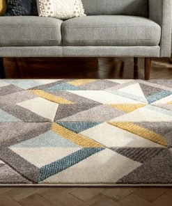 Well Woven Otto Modern Geometric Boxes & Triangles Gold Blue Distressed High-Low Rug