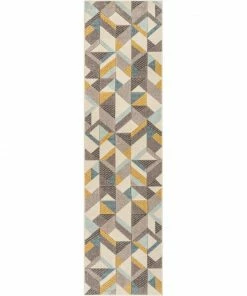 Well Woven Otto Modern Geometric Boxes & Triangles Gold Blue Distressed High-Low Rug