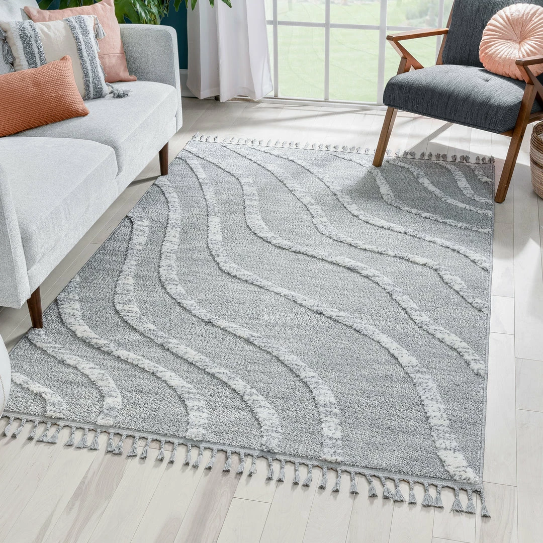 Well Woven Tribal Lydia Contemporary Coastal Geometric Grey High-Low Textured Rug 1 Well Woven Tribal Lydia Contemporary Coastal Geometric Grey High-Low Textured Rug