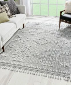 Well Woven Savannah Tribal Geometric Pattern Grey High-Low Textured Rug