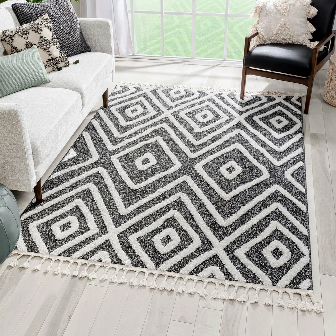 Well Woven Global Willow Moroccan Lattice Trellis Black High-Low Textured Rug 1 Well Woven Global Willow Moroccan Lattice Trellis Black High-Low Textured Rug